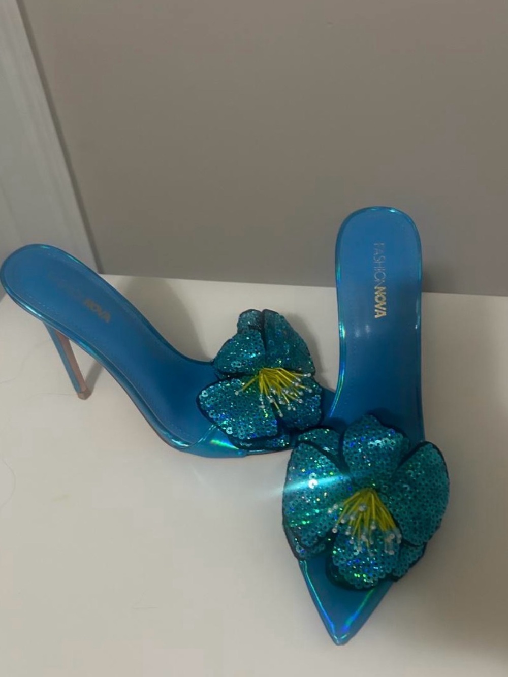 Fashion Nova Blue Sequin Floral Pointed-Toe Mule Heels